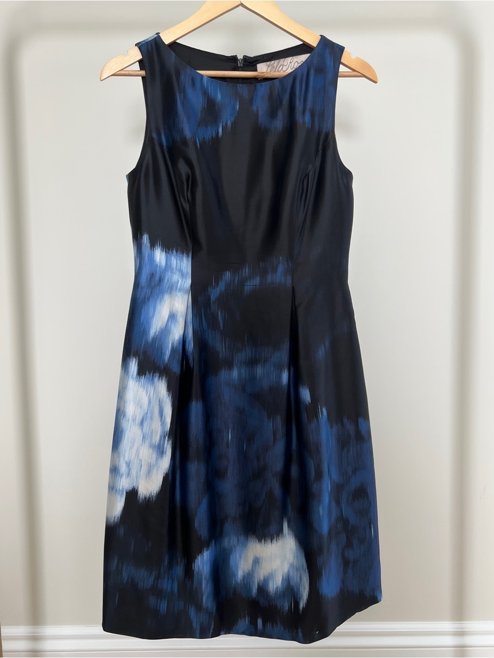 Lela Rose Blue & Black Floral Fit-and-Flare Silk Dress